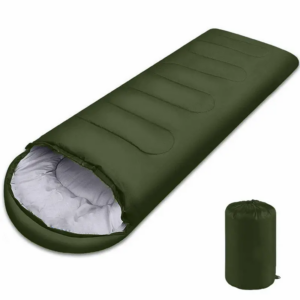 Envelope camping sleeping bag available in blue and green colors