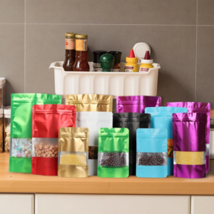 Colored Metalized Stand-Up Ziplock Pouches with Window