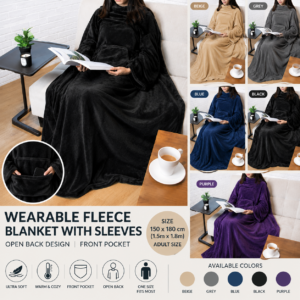 Adult wearable fleece blanket with sleeves, front pocket and open-back design available in beige, grey, blue, black and purple colors.