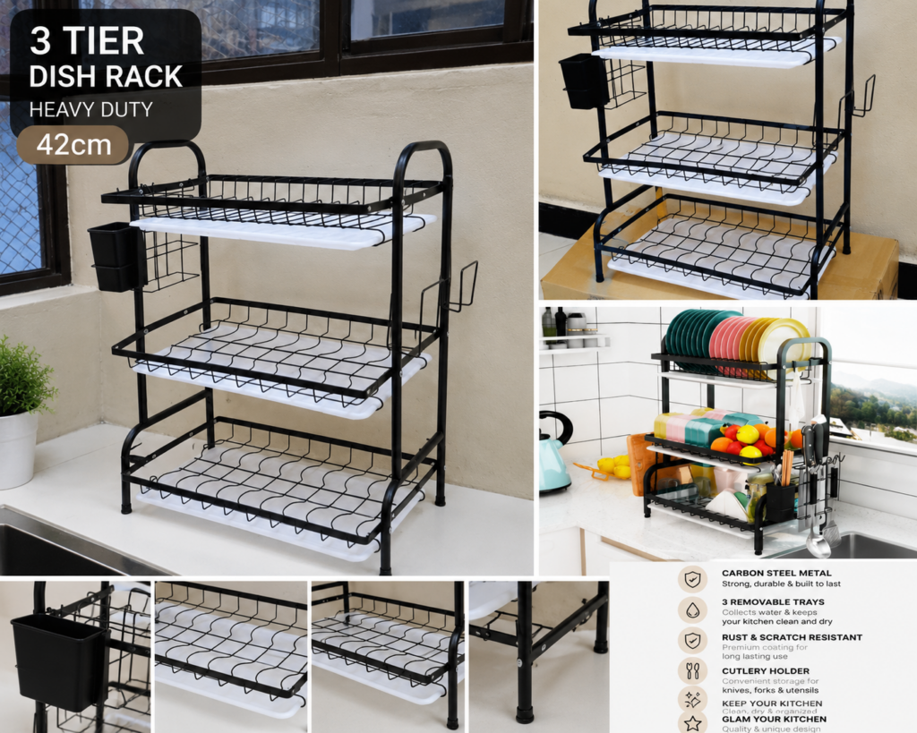 Black 3 tier heavy duty dish drying rack with cutlery holder and removable drain trays