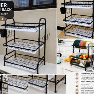Black 3 tier heavy duty dish drying rack with cutlery holder and removable drain trays