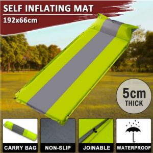 Green and grey self-inflating camping sleeping mat with built-in pillow and carry bag